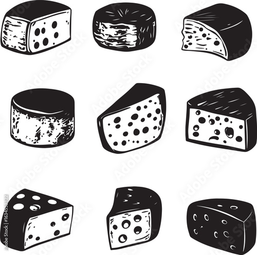 Black vector illustration of minimalist cheese silhouettes