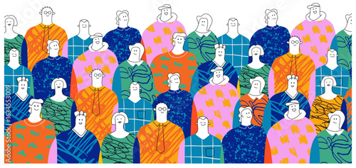 A vibrant collage of textured crowd. The concepts of unity, society, and diversity.