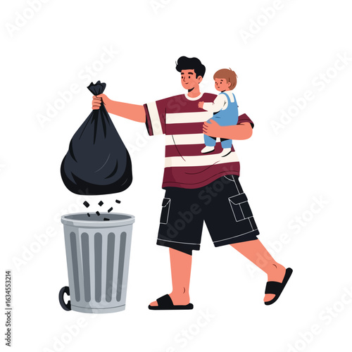 A vector illustration of a young man in casual clothing instilling in his child the habit of disposing of trash properly. The illustration's clean and playful style is perfect for modern web designs, 