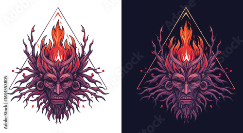 Vector Illustration of Mythical Tree Spirit with Fiery Crown in Dark Gothic Style with Purple and Red Colors