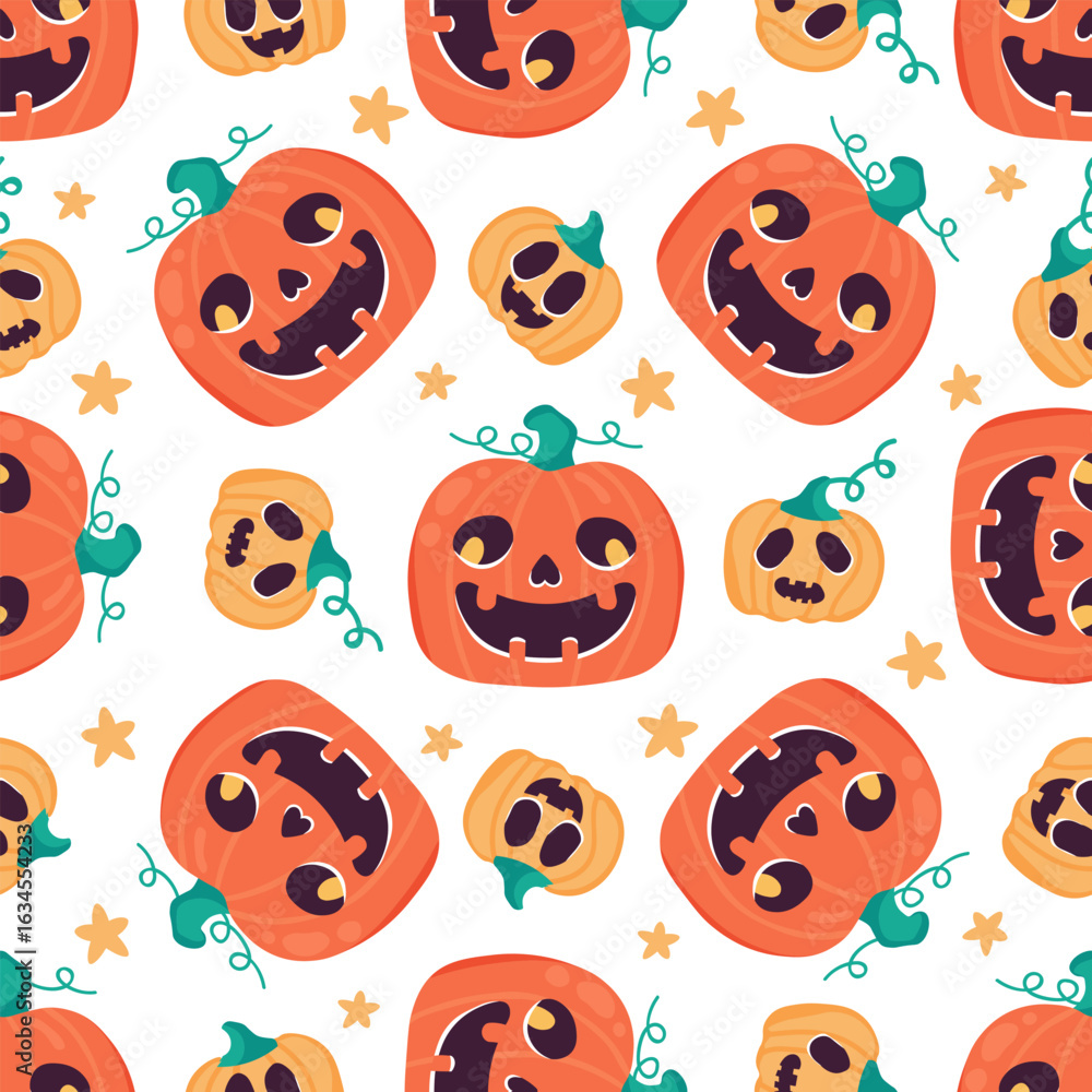 Fototapeta premium Seamless Halloween pattern with cute carved pumpkins on white background. Smiling jack o’ lanterns with stars. Repeating Halloween festive design for wrapping paper, textiles. Vector illustration.