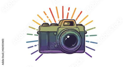 Vector Illustration of Vintage Camera with Rainbow Radiant Lines in Modern Artistic Style