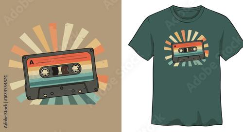 Vintage Cassette Tape Vector Illustration with Retro Sunburst Style in Warm Colors for T Shirt Design