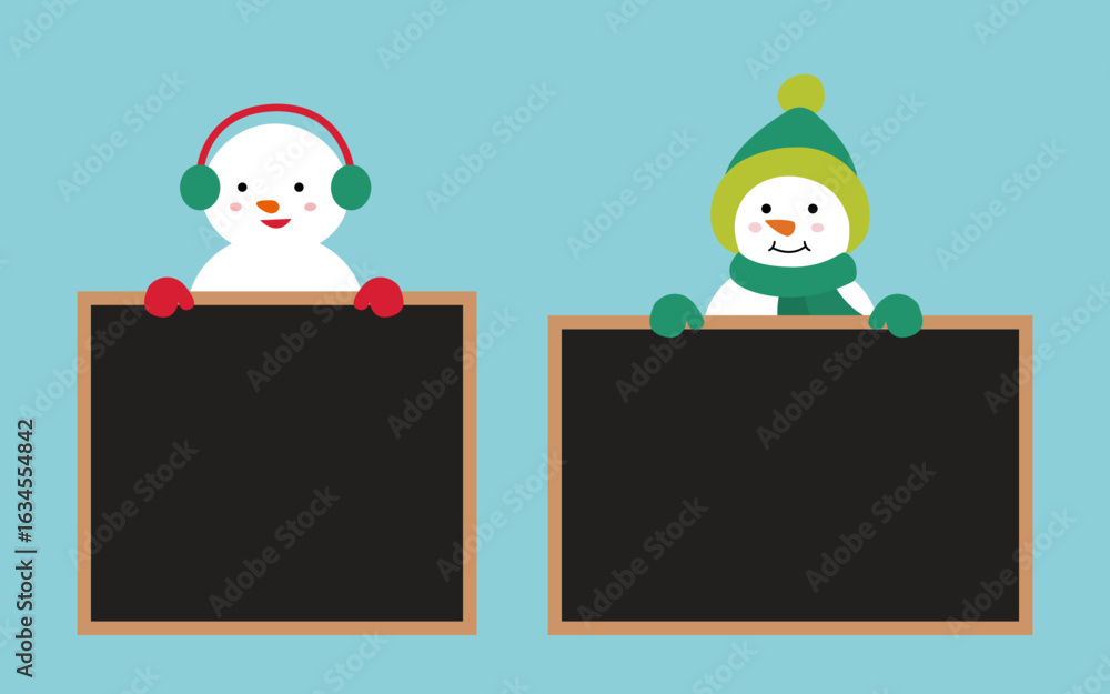 Fototapeta premium Set of Christmas snowman holding blackboard element vector. Snowman holding blank sign stock vector illustration. Good for greeting card,poster, banner, leaflet.