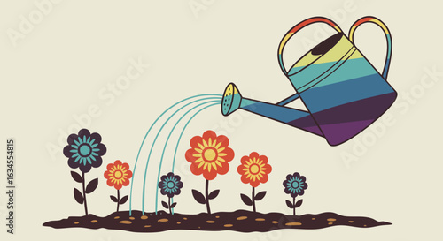 Minimalist Vector Illustration of Watering Can Spraying Flowers in Bright Colors in Organic Style