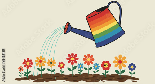 Minimalist Vector Illustration of Colorful Watering Can Pouring onto Flowers in Bright Flat Style