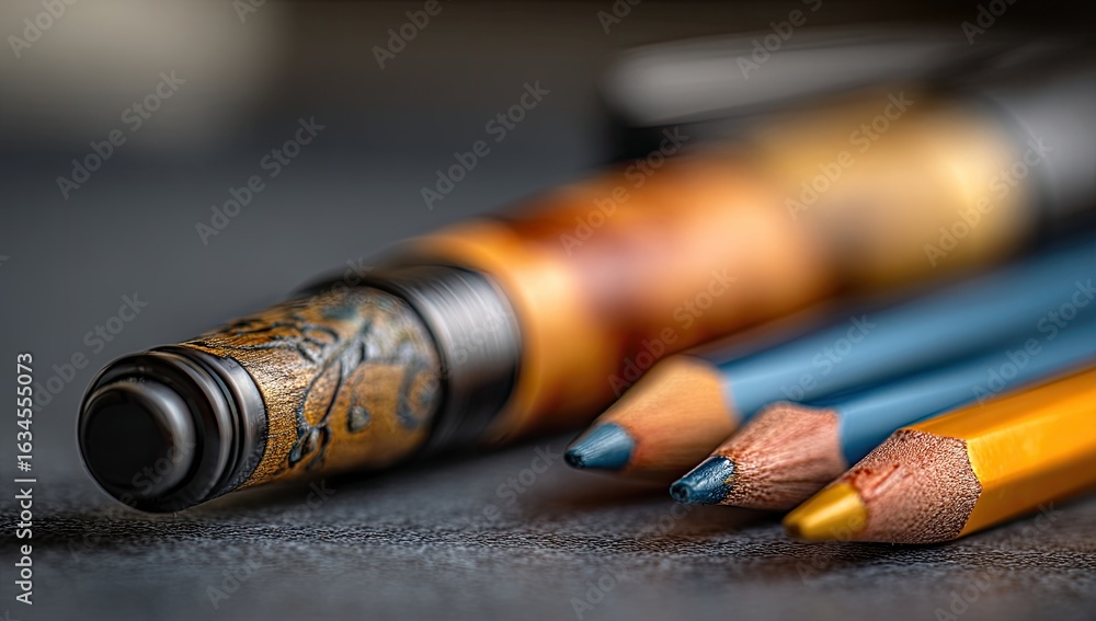 Obraz premium Close-up of a pen and pencils. Intricate design on pen's top. Warm tones on pen. Cool tones on pencils. Shallow depth of field