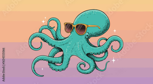 Vector Cartoon Octopus with Sunglasses in Retro Gradient Style