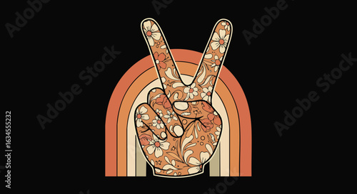 Minimalist Vector Illustration of Peace Hand Sign Featuring Floral Pattern and Retro Rainbow in Earth Tones in Organic Style