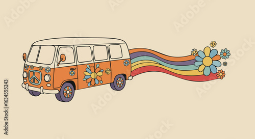 Vintage Hippie Van Vector Illustration with Flower Power Motif in Retro Style Bright Colors