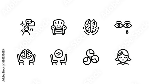 Modern Minimalist Line Icons: Therapy, Mental Health, and Wellbeing Concepts.