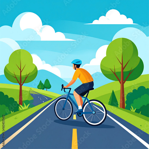 A man on a bicycle, enjoying a scenic countryside road.
