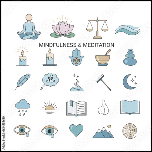 Collection of colorful illustrated icons representing mindfulness, meditation, and related concepts.