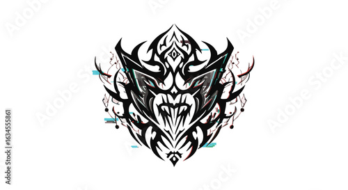 Vector Illustration of Fierce Monster Mask with Tribal Design in Black and Red Colors in Modern Style