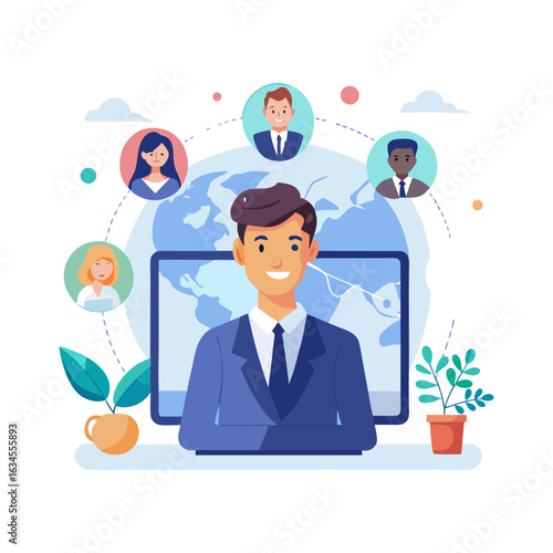 Professional Executive Having Video Conference Call with International Clients in Modern Office Setup | Remote Work Communication Vector Illustration