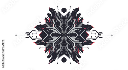 Futuristic Circuit Pattern Vector Illustration in Modern Geometric Style with Dark Gray and Red Accents