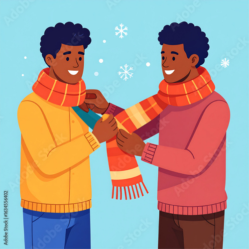 Two smiling brothers help each other put on warm scarves on a snowy day.