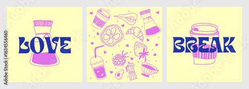 Love Break with Coffee. Cute Y2K Style Square Art for Social Media, Romantic Pink and Blue Illustration with Breakfast Vibes and Modern Aesthetic Elements