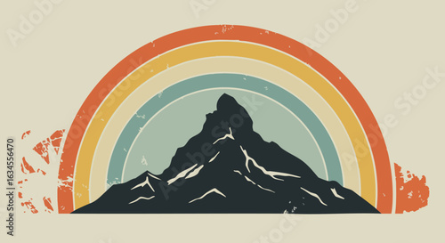 Vintage Mountain Landscape Vector Illustration with Rainbow Arch in Retro Style