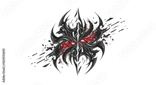 Dark Tribal Vector Illustration with Abstract Sharp Shapes and Red Accents in Modern Style for Gaming and Tattoo Design