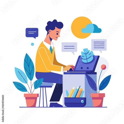 Confident Executive Typing a Business Proposal on Laptop – Office Workplace Productivity Concept in Clean Professional Vector Illustration Style