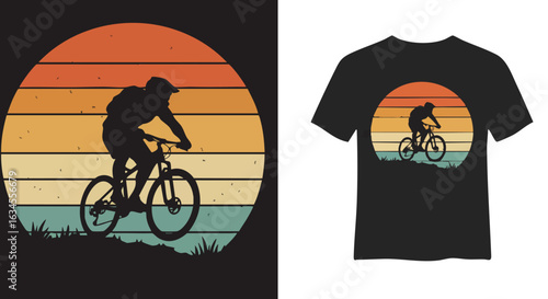 Vintage Vector Illustration of Cyclist Silhouette with Sunset Background in Retro Style on T-Shirt Design