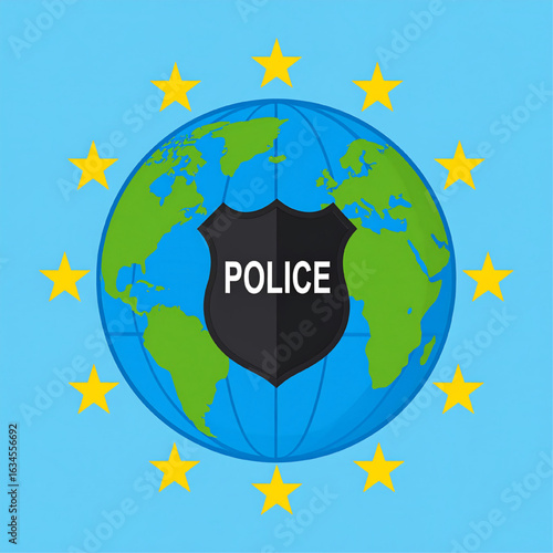 Global police presence symbolized by a shield on a world map encircled by stars.