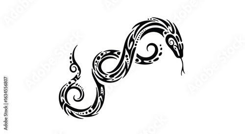 Elegant Tribal Vector Illustration of a Serpent with Curved Lines and Ornamental Patterns in Monochrome Black Style