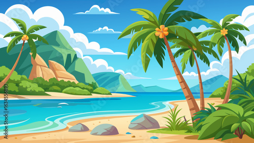 Vector art of vibrant tropical beach scene with palm trees, clear blue water, and lush green mountains under a bright sunny sky with fluffy clouds, evoking a sense of paradise and summer vacation