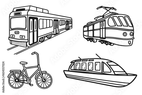 Diverse Transportation Methods Tram Bicycle and Boat Illustrations.