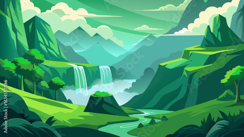 Vector art of a vibrant green mountain valley with cascading waterfalls and a winding river, showcasing a lush natural landscape under a cloudy sky