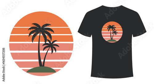 Vector Illustration of Sunset Palm Tree Scene for T-Shirt Design in Retro Style with Warm Orange Pink Colors