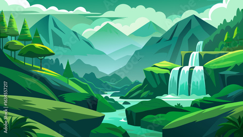 Vector art of an enchanting green mountain landscape featuring a prominent waterfall flowing into a meandering river, with dense forests and layered peaks