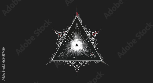Minimalist Vector Illustration of Sacred Geometry Triangle with Radiant Light and Ornamental Details in Black White Style