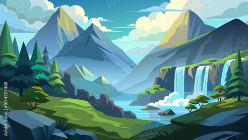 Vector art of beautiful mountain landscape with a vibrant waterfall cascading into a clear river, framed by green hills and illuminated by soft sunlight