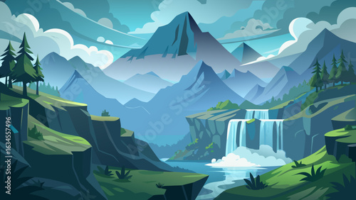 Vector art of majestic mountain landscape with cascading waterfalls and lush green valleys under a dramatic cloudy sky, evoking a sense of natural beauty and adventure