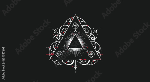 Abstract Geometric Vector Illustration with Triangle and Sacred Symbols in Modern Minimalist Style with Black White Red Colors for Mystic Design
