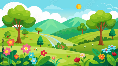 Vector art of idyllic rolling green hills and meadows dotted with vibrant flowers and trees under a bright sunny sky with fluffy clouds, creating a peaceful countryside scene