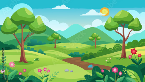 Vector art of idyllic cartoon landscape with gentle slopes, a winding path, vibrant trees, and blooming flowers under a sunny sky with scattered clouds