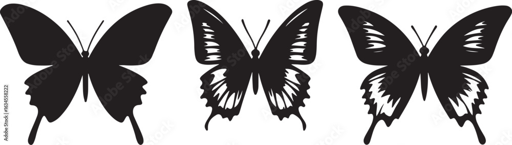 Fototapeta premium Set of clean, simple black vector silhouettes of butterflies.