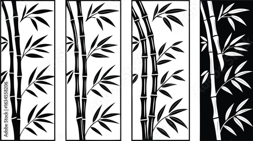 Stylized vertical panels with black and white bamboo stalks and leaves in a clean design
