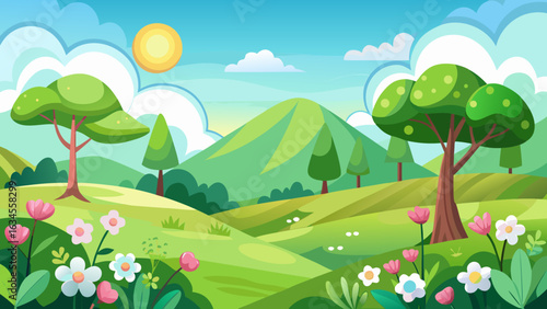 Vector art of vibrant cartoon landscape with rolling green hills, blooming flowers, and a bright sun under a blue sky with fluffy clouds, evoking a sense of spring or summer