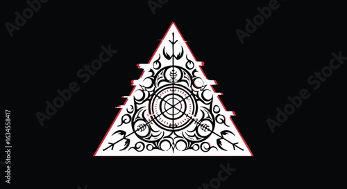 Vector Illustration of Tribal Mandala Inside Triangle in Black White Red Style