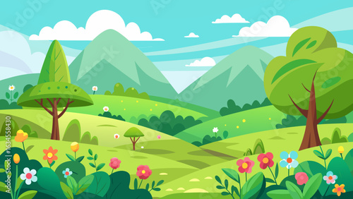 Vector art of idyllic cartoon depiction of a serene countryside with lush green hills, stylized trees, vibrant flowers, and distant mountains under a clear blue sky