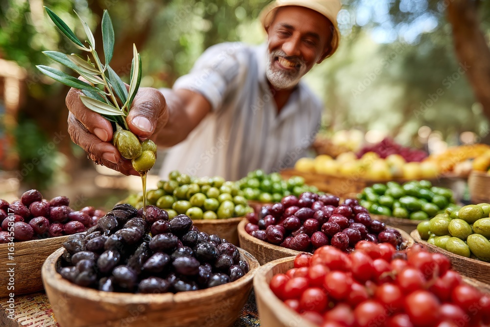 Obraz premium Mercado de agricultores en Grecia bajo el brillante sol de la mañana, con coloridas aceitunas frescas