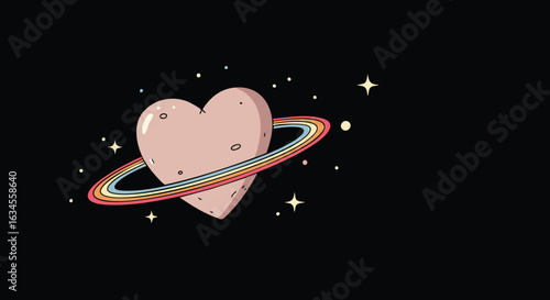 Vector Illustration of Heart with Planet Ring in Modern Style Featuring Pastel Colors and Space Elements