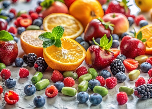 Wallpaper Mural Low Light Still Life: White Background with Dietary Supplement Pills and Fresh Fruit Torontodigital.ca