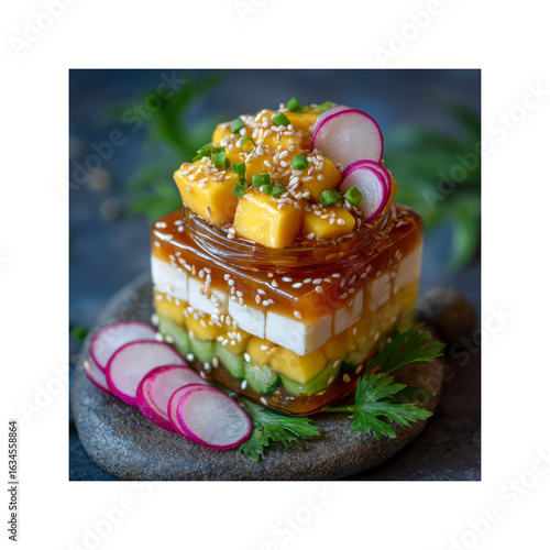 Layered Mango, Avocado, and Feta Salad in a Jar with Sesame Seeds and Radishes