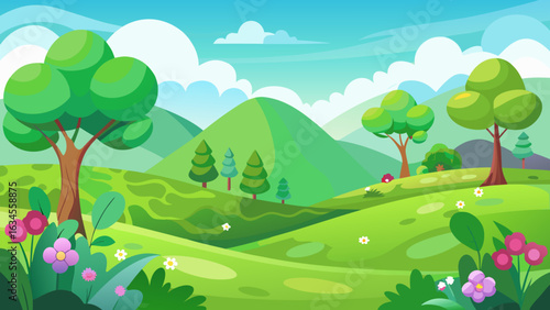 Vector art of idyllic cartoon scenery featuring rolling green hills, scattered trees, and blooming flowers under a clear blue sky with soft clouds, perfect for a peaceful outdoor setting