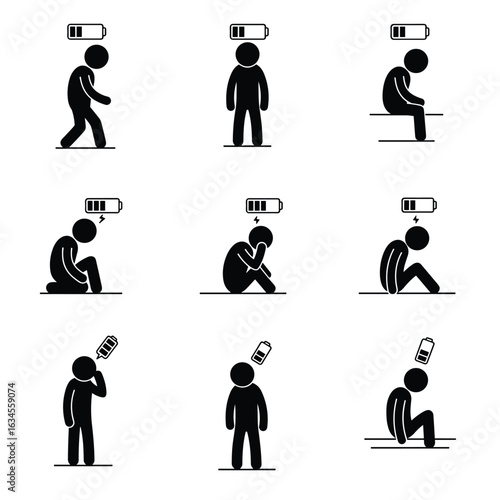Tired person or people icon set. Fatigue or exhausted, lack battery energy, low charge, burnout workplace, stress, thin line symbol on white background. People with battery icons, logo, label. Vector